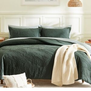 Geniospin Queen Comforter Set 7 Pieces Dark Green Bedding Set, Botanical Texture